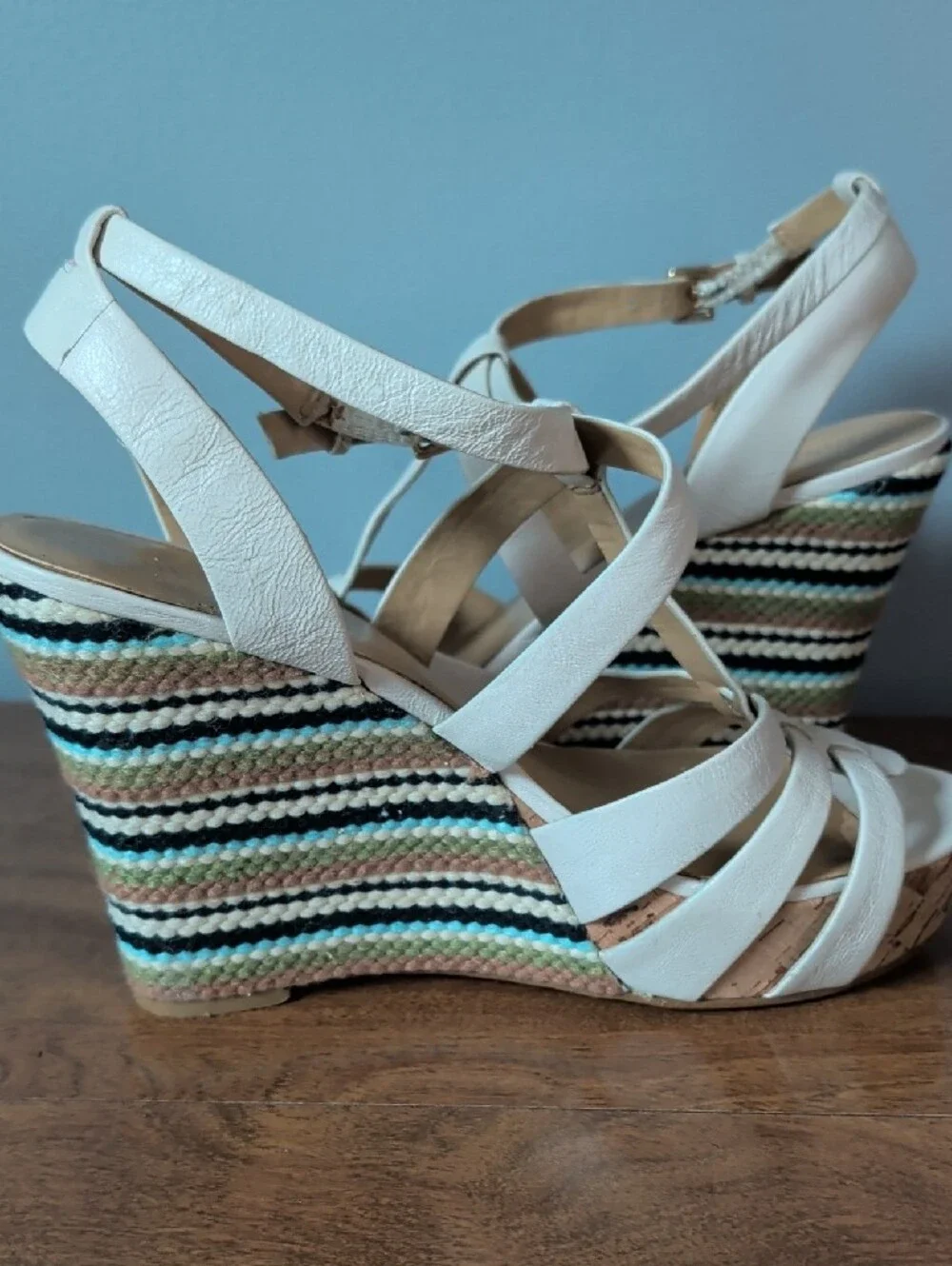 Nine West White Strappy Cork Wedge Sandals